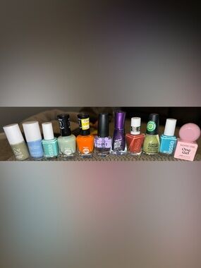 11 Bottles of Mixed Nail Polish Lot - Blue, Mint, Orange, Purple, Lime, Pink